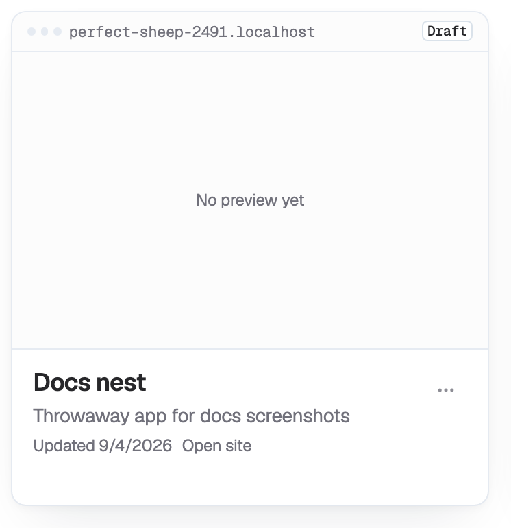 Docs Nest app card on My Apps — name, description, and the builder entry